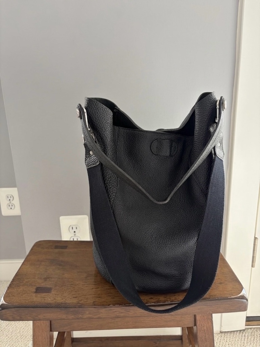 Furla Black Pebble Grain Leather Bucket Tote with Cream Canvas Pocket